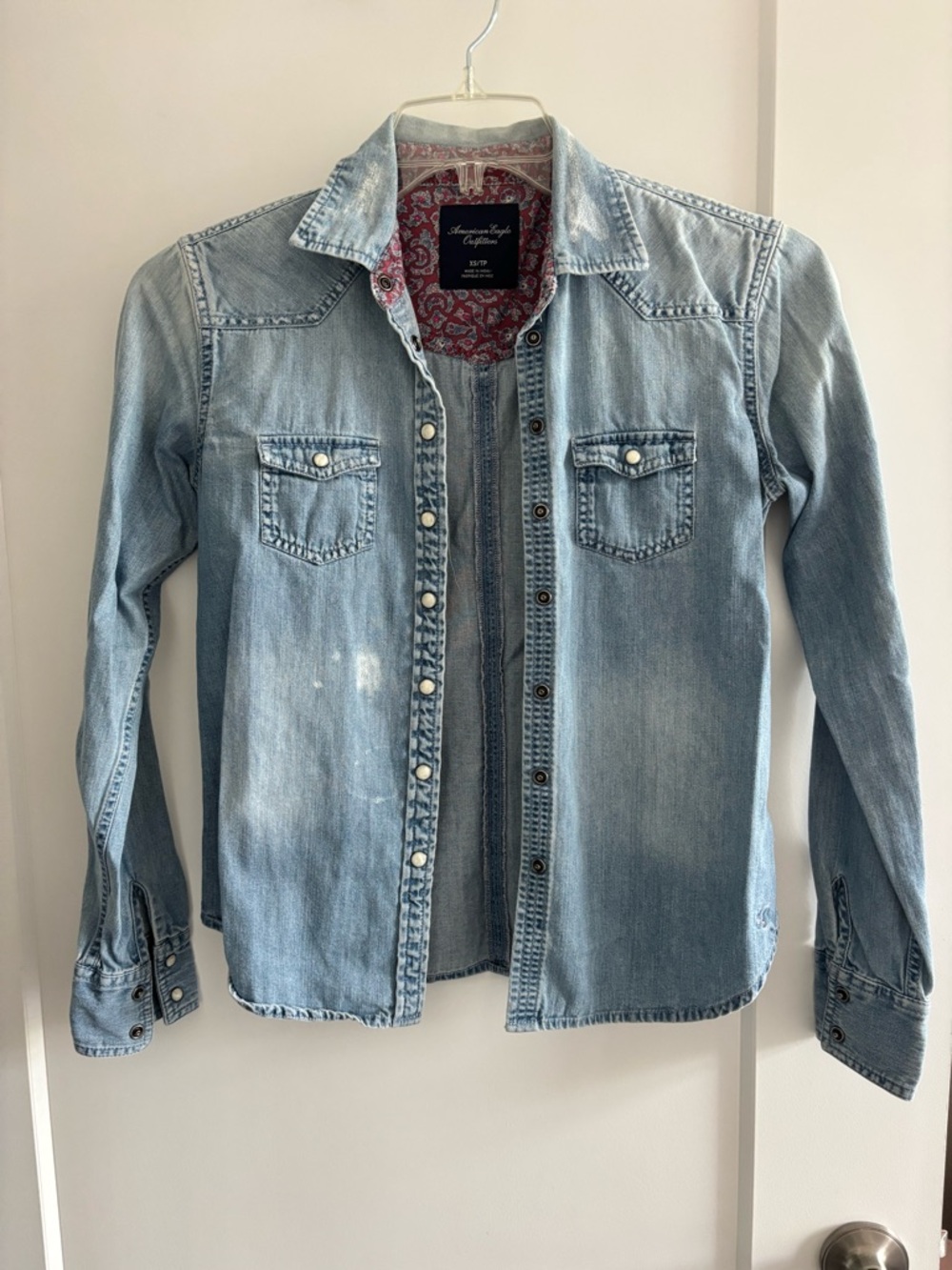 American Eagle Outfitters Denim Button-Up Shirt with Paisley Lining - Light Blue